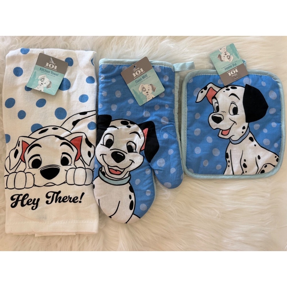 Disney 101 Dalmatians 3pc Kitchen Set Towel Oven Mitt Pot Holder Blue Polka Dot